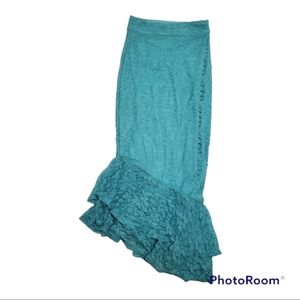 BEBE Teal Turquoise Lace Assymetrical Mermaid Midi Skirt - Size XXS, 00